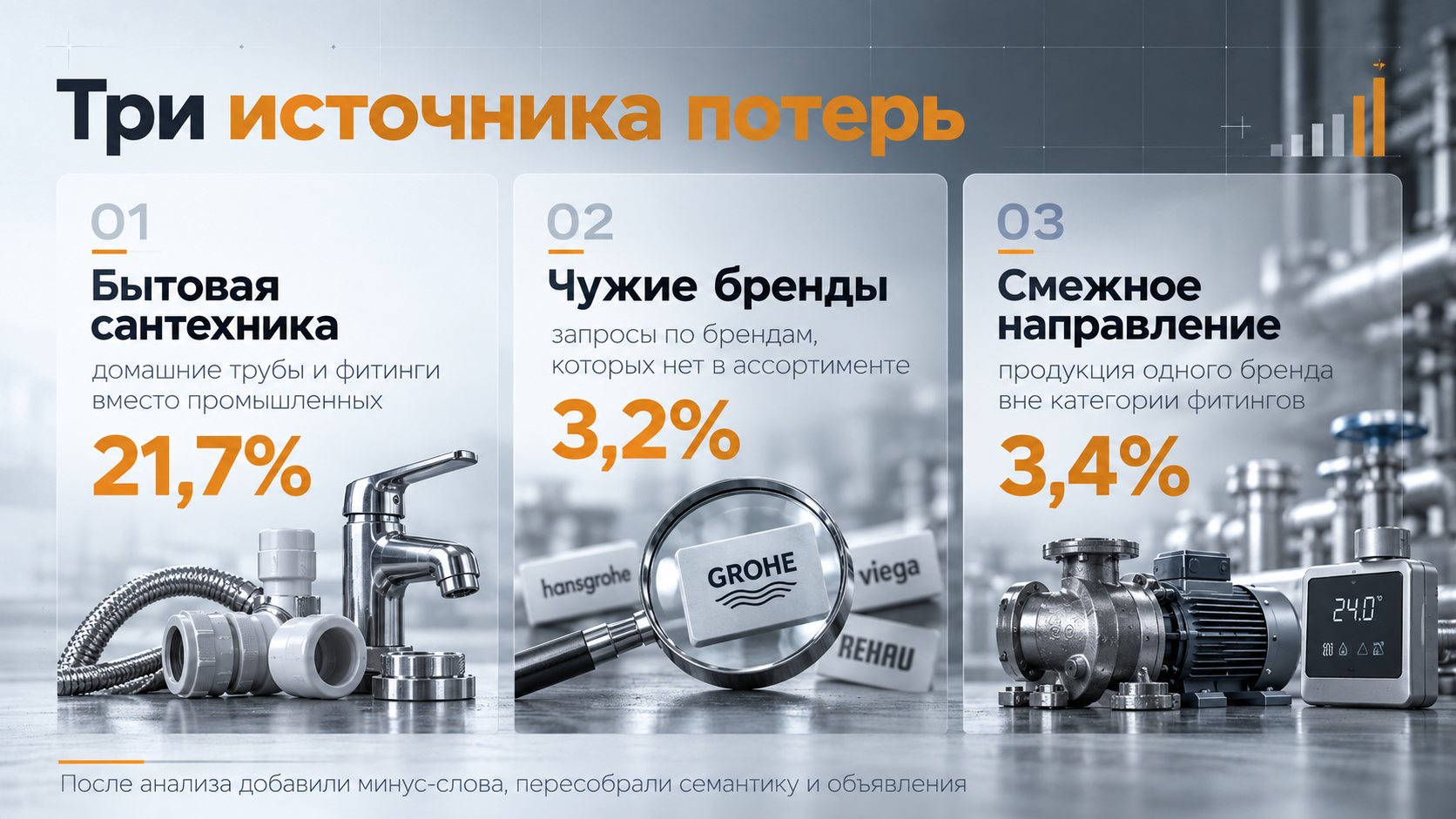 Три источника потерь бюджета: бытовая сантехника 21,7%, чужие бренды 3,2%, смежное направление 3,4%